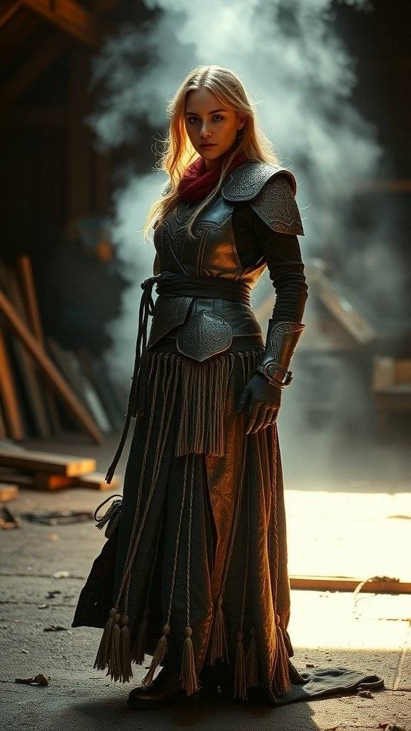 A character in a unique outfit combining metallic armor and flowing fringe, standing confidently in a smoky environment.