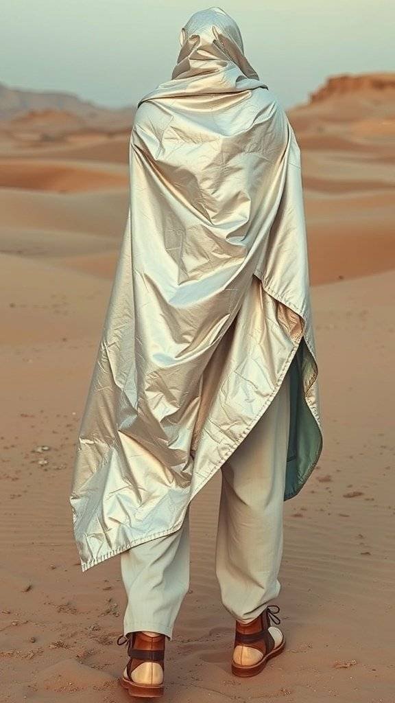 A figure in a silver cloak standing in a sandy desert landscape