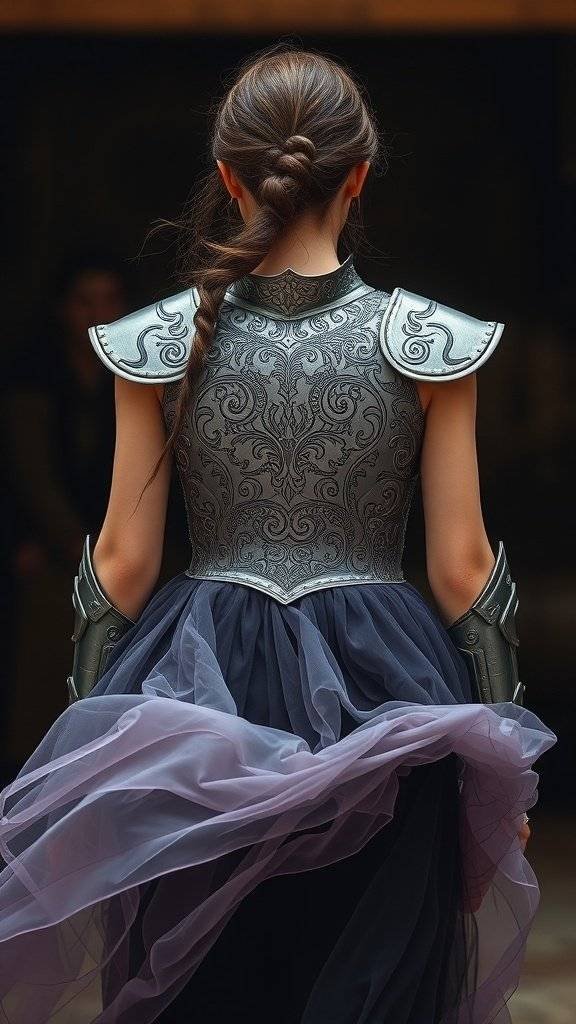 A person wearing detailed armor and a flowing skirt, showcasing a mix of strength and elegance.