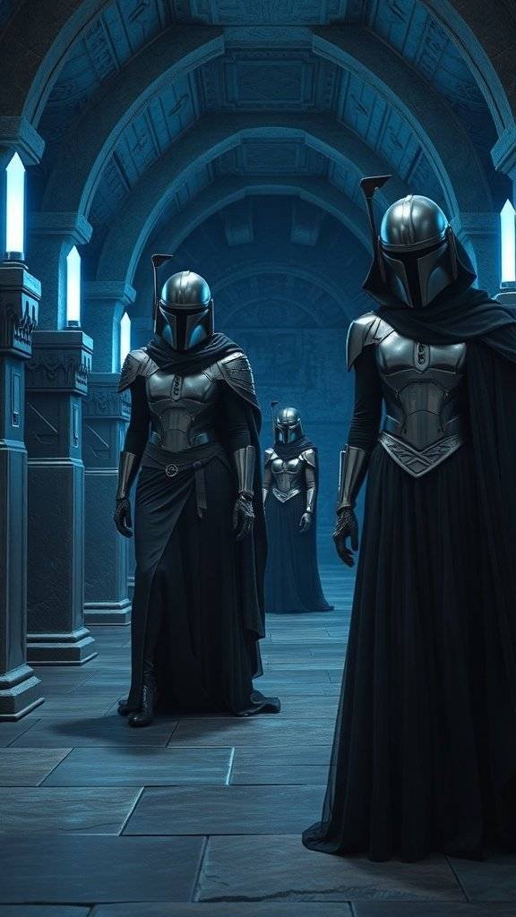 Three armored figures in a temple-like corridor, blending metal and flowing fabric.