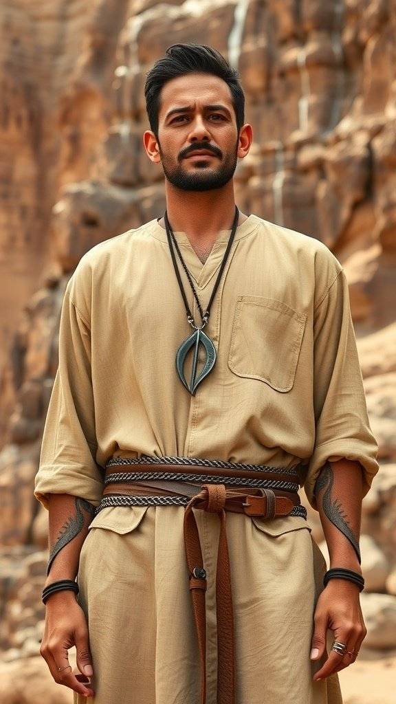 A person in a light outfit with layered necklaces and a braided belt, standing against a rocky landscape.