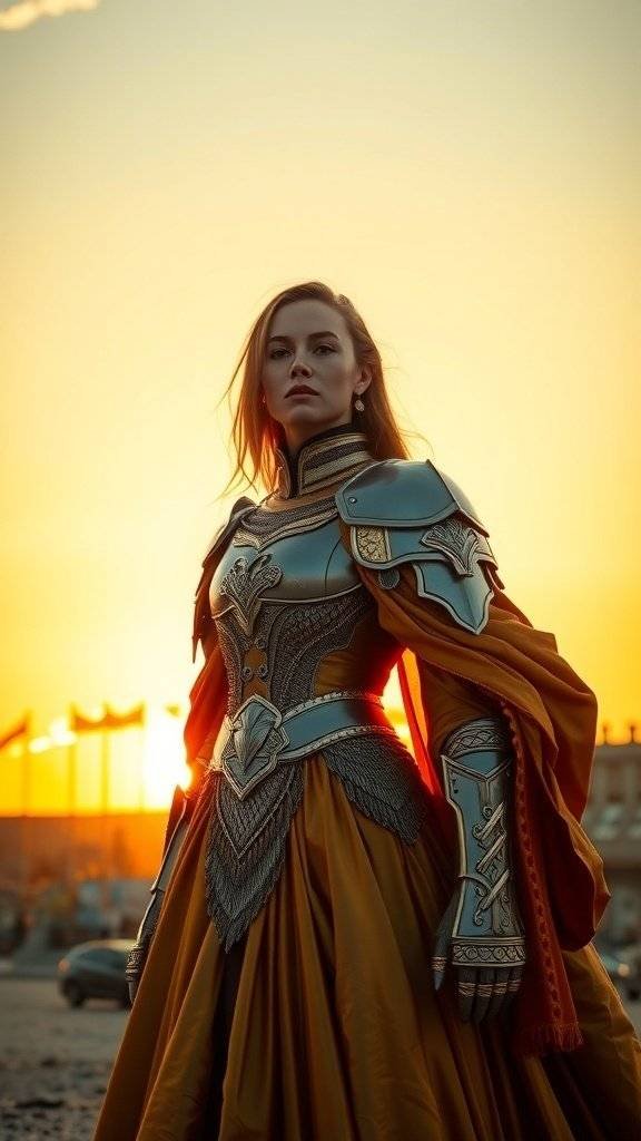 A figure in metallic armor and flowing fabric stands against a sunset backdrop.