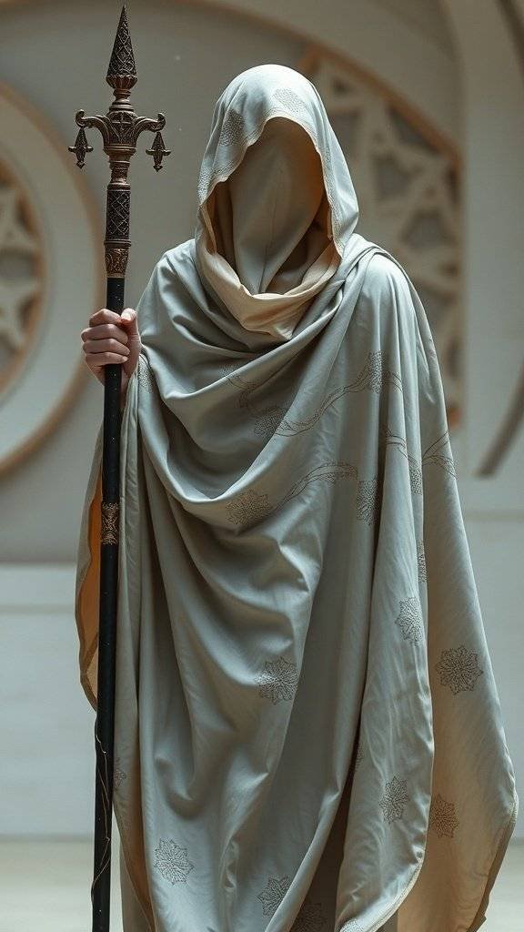 A cloaked figure resembling a shaman, holding a staff, dressed in flowing fabric with intricate designs.