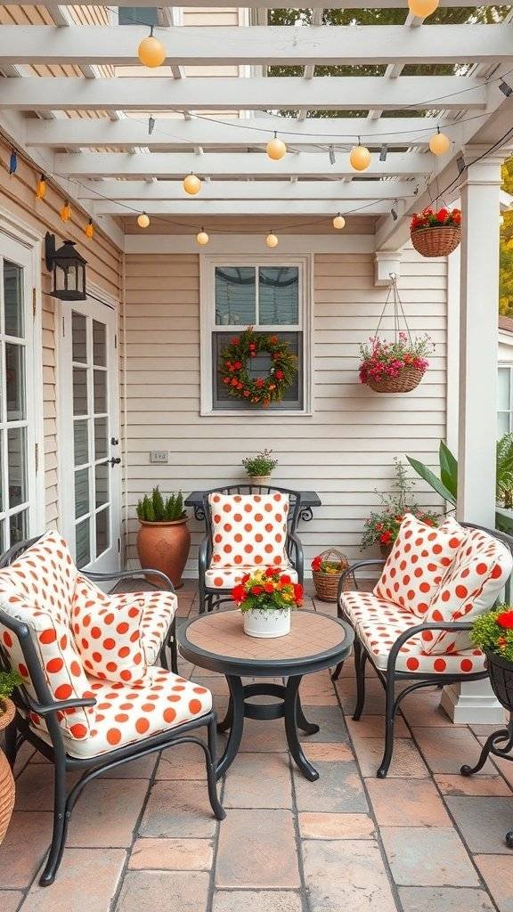 Outdoor patio with polka dot cushions on chairs, featuring a cozy table and hanging flower pots.