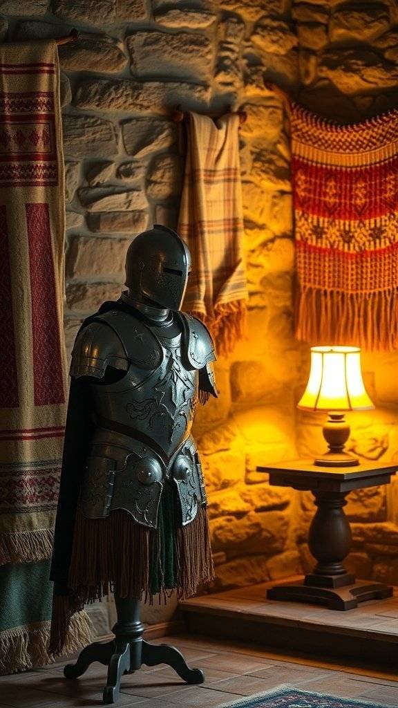 A warrior in armor relaxing on a leather couch in a cozy room with woven blankets and warm lighting.