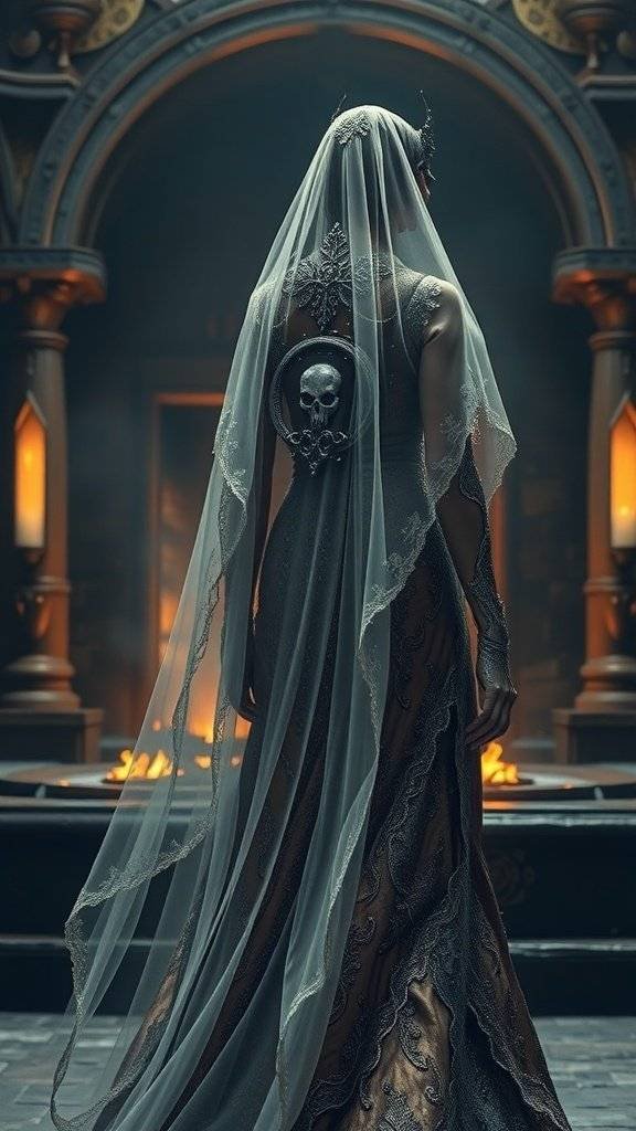 A bride in an elegant gown with a flowing veil, showcasing a skull motif on her back, standing in a dramatic setting.