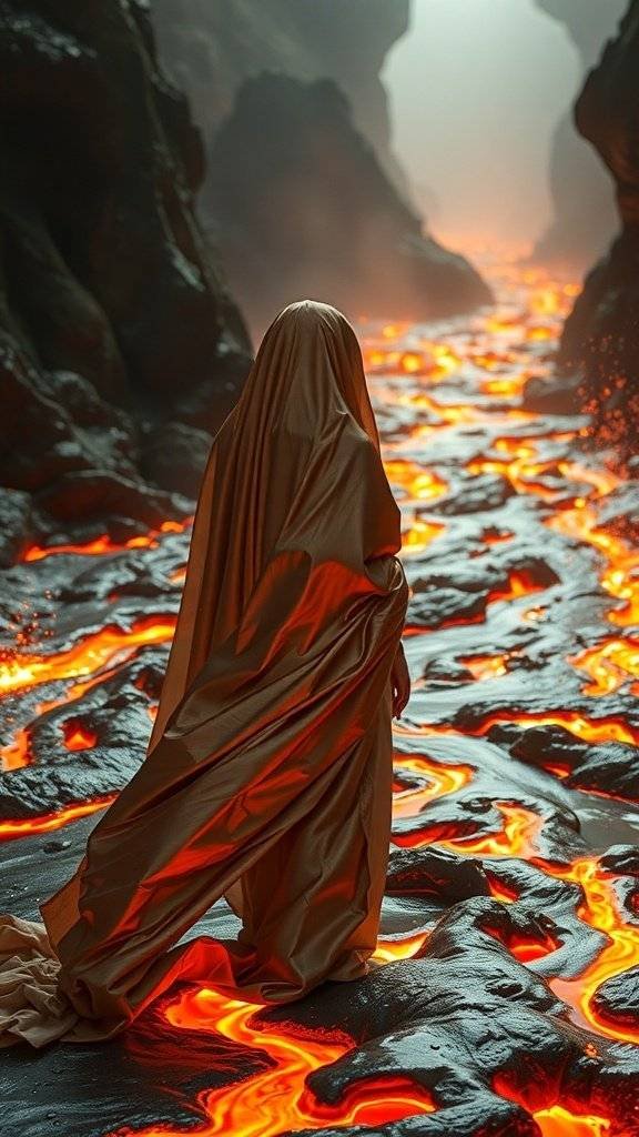 A figure in silk standing by a molten river, symbolizing a blend of strength and softness.