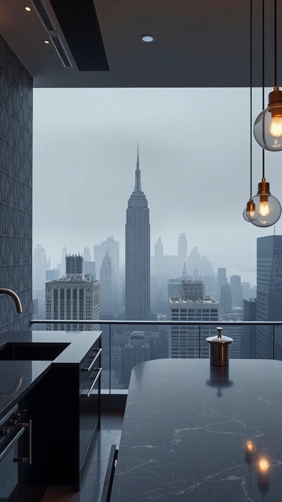 A modern kitchen with a view of a foggy Gotham City skyline featuring the Empire State Building.