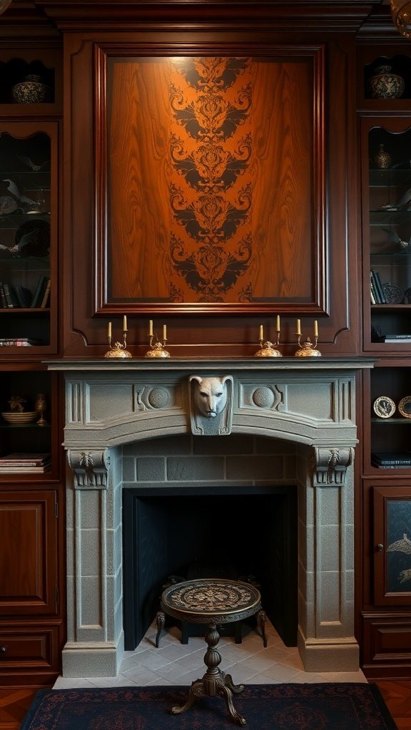 Elegant kitchen with dark wood cabinetry and intricate wallpaper, featuring a stone fireplace.