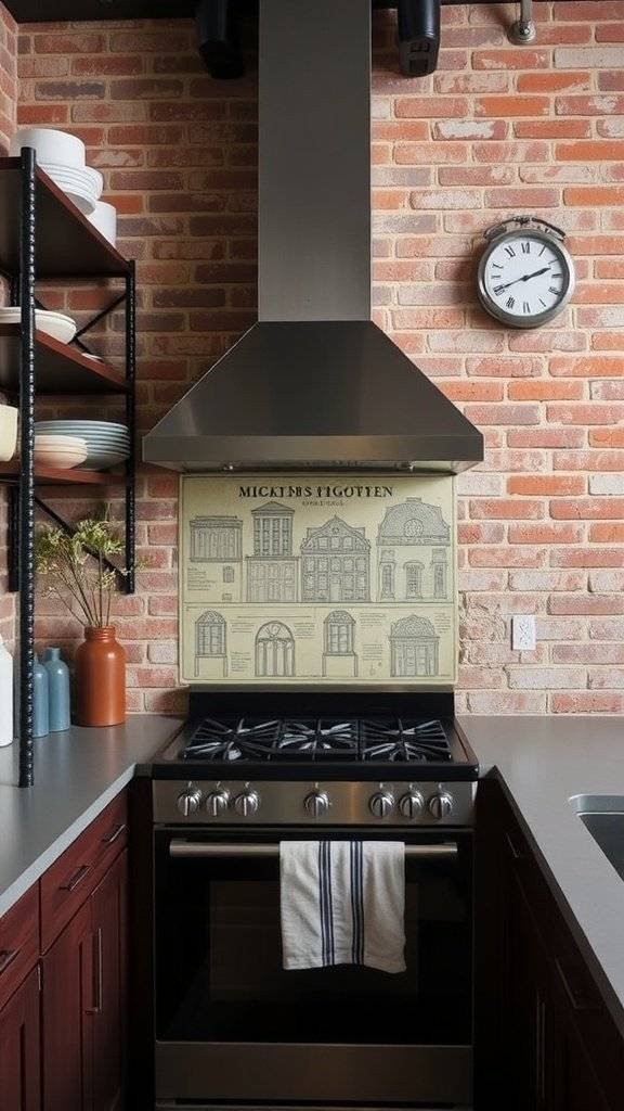 A modern kitchen with exposed brick walls, stainless steel appliances, and unique wallpaper featuring architectural design.