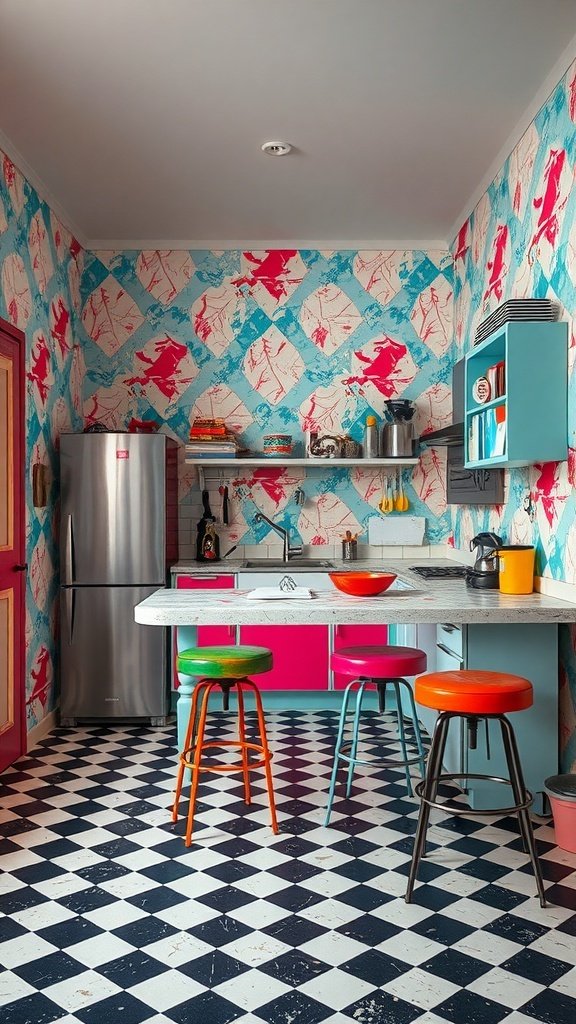 A colorful kitchen with vibrant wallpaper featuring pink and blue patterns, colorful bar stools, and a modern design.