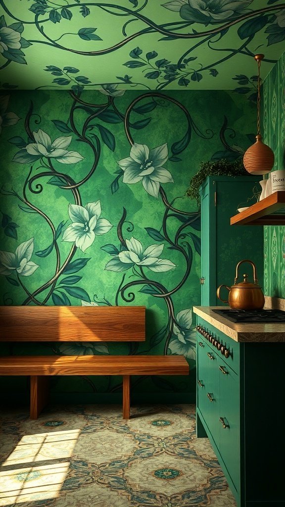 A kitchen with green botanical wallpaper, wooden bench, and copper accents, inspired by Poison Ivy.