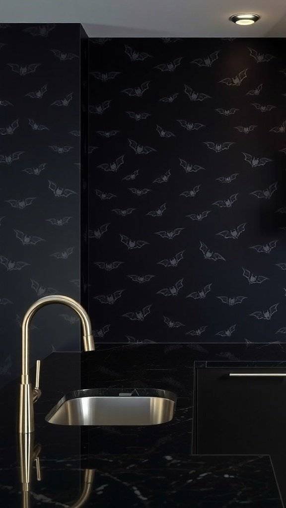 A modern kitchen featuring black wallpaper with bat motifs, sleek cabinetry, and a shiny countertop.