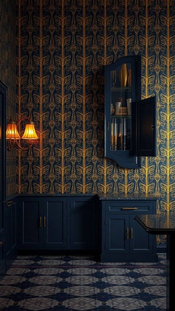 A kitchen with Art Deco wallpaper featuring gold patterns on a navy background, elegant cabinetry, and warm lighting.
