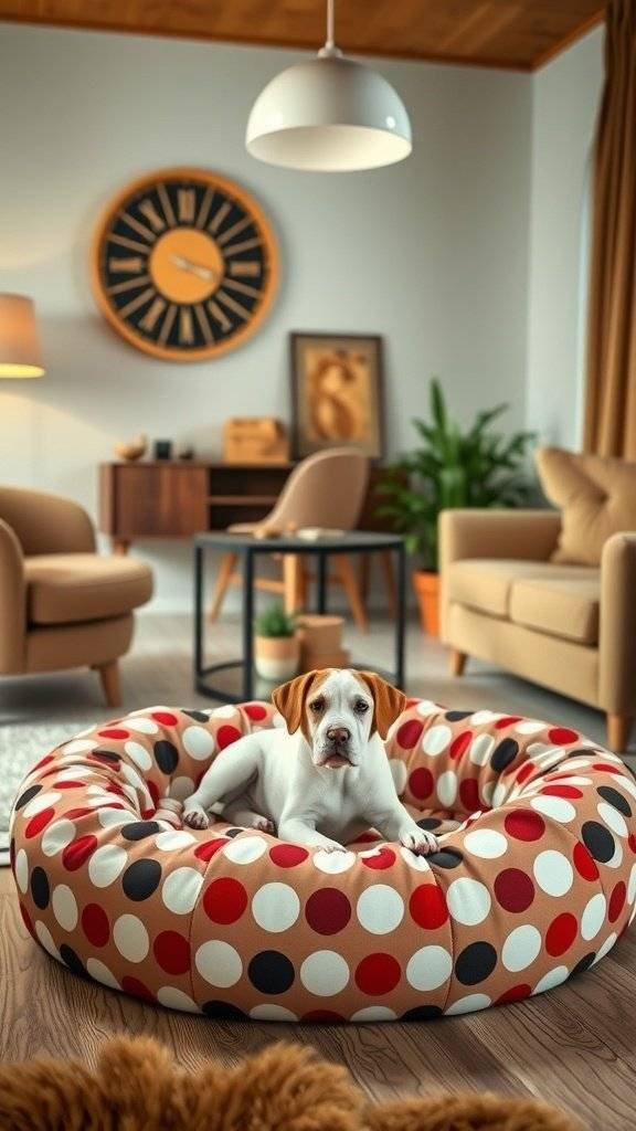 A dog resting in a polka dot pet bed in a stylish living room.