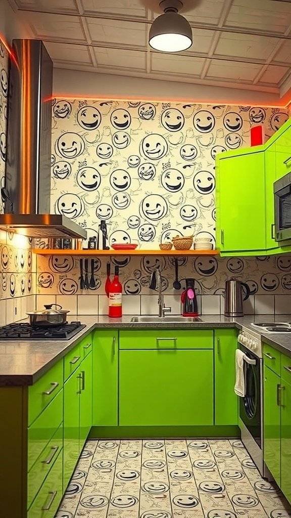 A kitchen with vibrant green cabinets and wallpaper featuring smiling faces, inspired by Gotham City.
