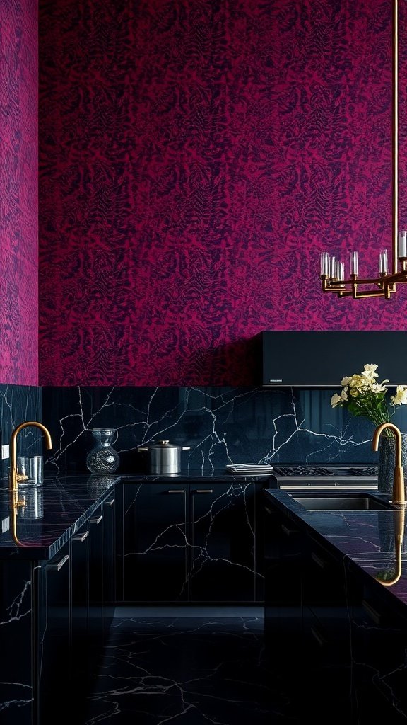 A modern kitchen featuring deep purple wallpaper and black marble countertops.