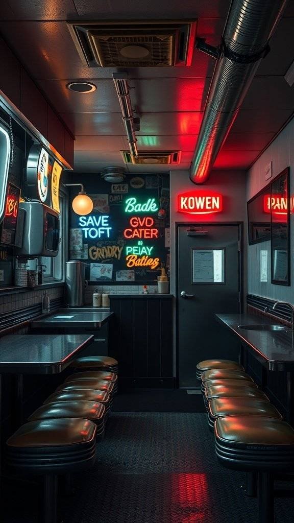 Interior of a diner with neon signs and cozy seating, inspired by Gotham City.