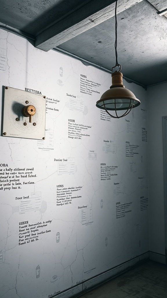 Kitchen wall with medical notes and instructions, industrial pendant light