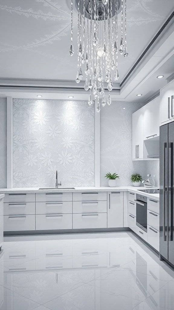 A modern kitchen with floral wallpaper, shiny cabinets, and a chandelier.