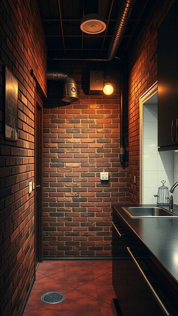 A modern kitchen with exposed brick walls, industrial lighting, and sleek black cabinetry.