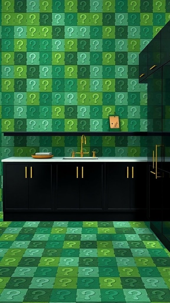 Kitchen with Riddler's geometric maze wallpaper featuring green question marks.