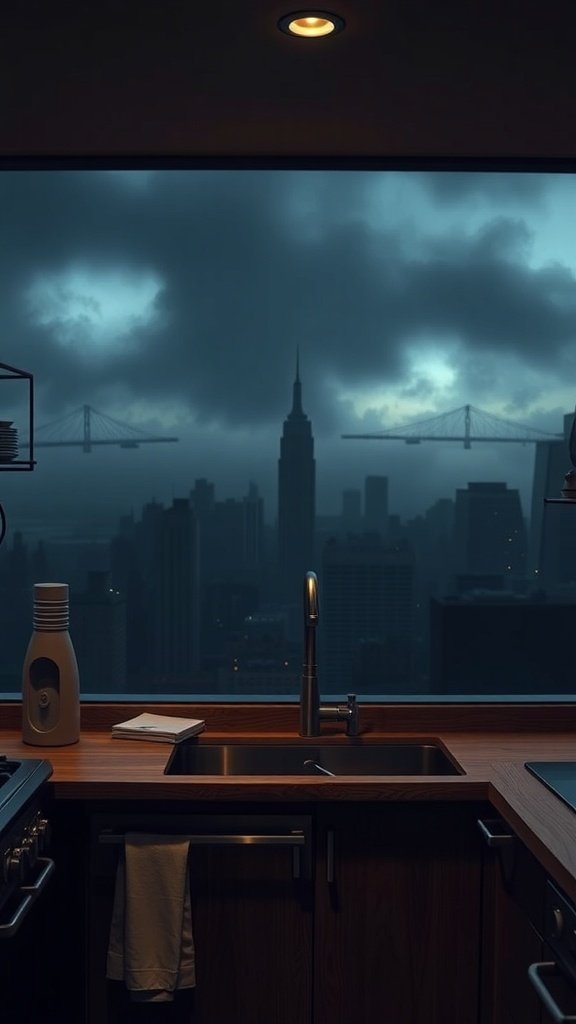 A kitchen with a view of a foggy city skyline, featuring dark clouds and distant skyscrapers.
