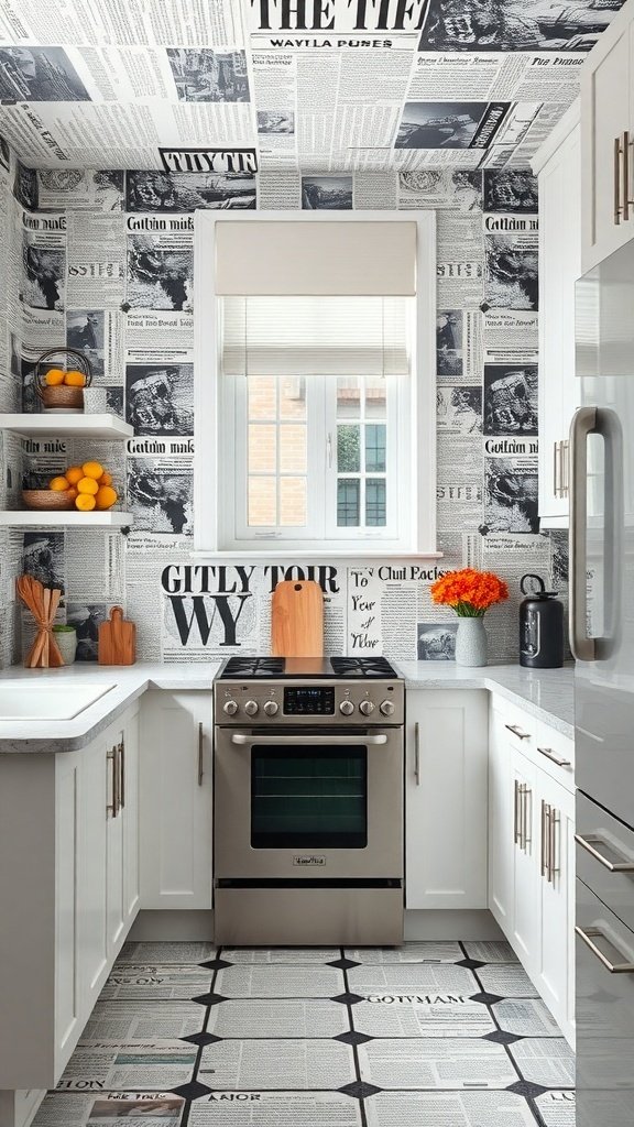 A stylish kitchen with newspaper print wallpaper, white cabinets, and stainless steel appliances.