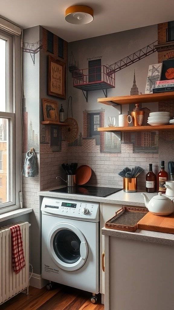Kitchen with wallpaper depicting a fire escape view in an urban setting.
