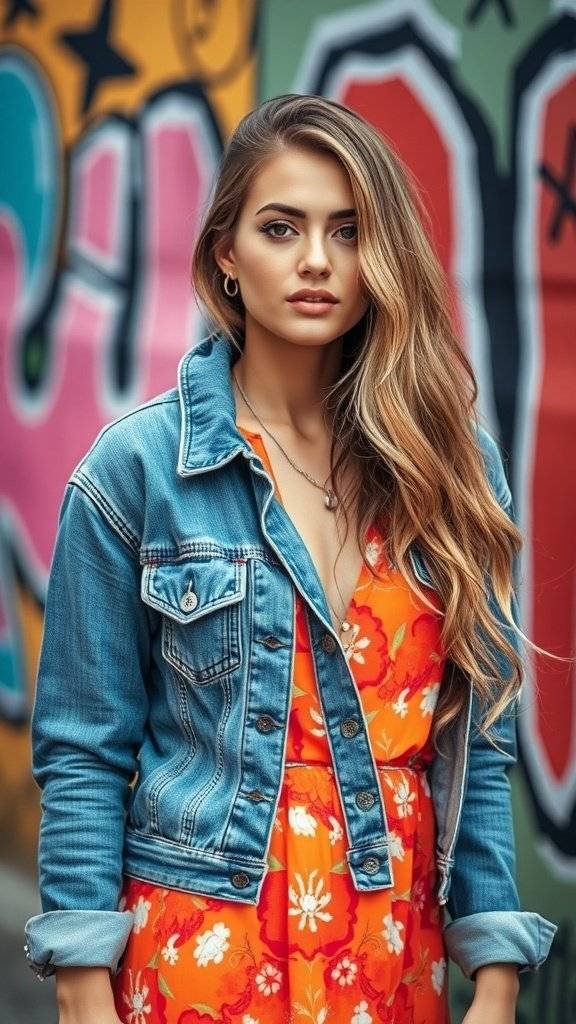 A woman wearing a denim jacket over a bright floral dress, standing in front of a colorful graffiti wall.