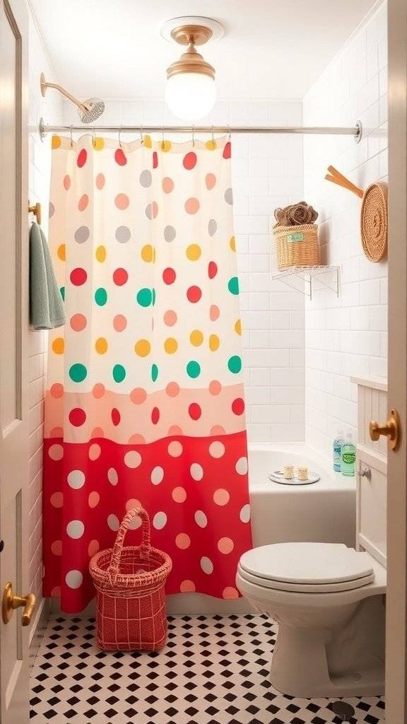 A colorful polka dot shower curtain in a stylish bathroom with a retro 1960's theme.