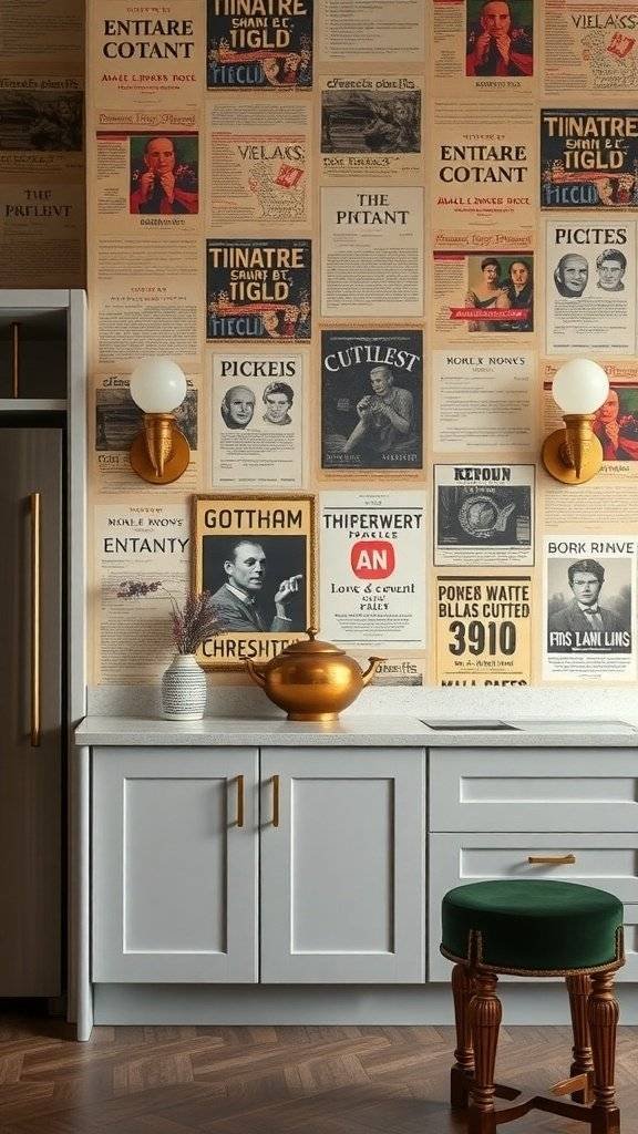 Kitchen with vintage wallpaper inspired by Gotham City, featuring posters and a modern design.