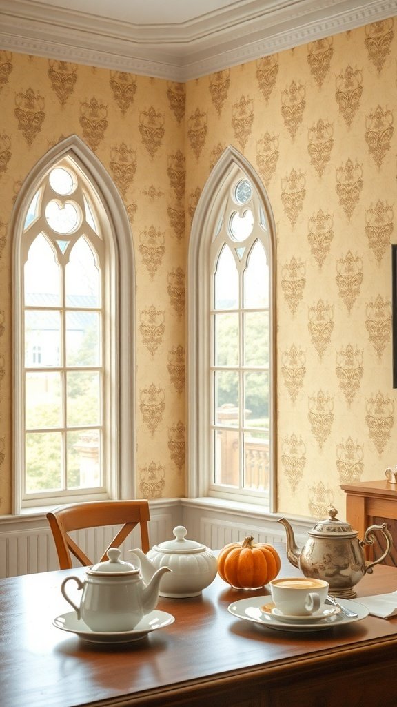 A cozy breakfast nook with elegant golden wallpaper, vintage teapot, and a small pumpkin on the table.