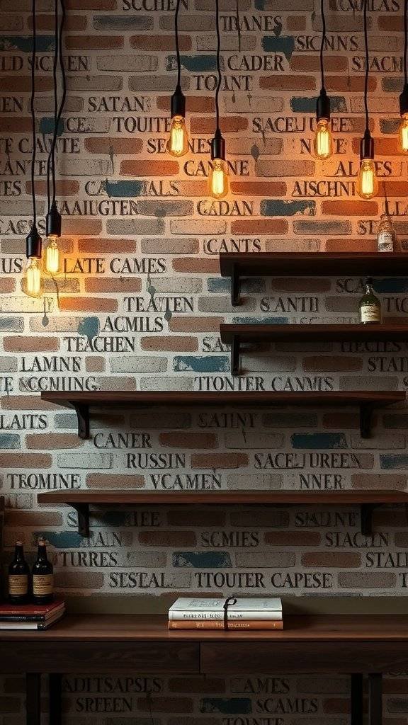 A kitchen wall with a brick pattern wallpaper featuring various words, illuminated by hanging lights, with wooden shelves displaying bottles and books.