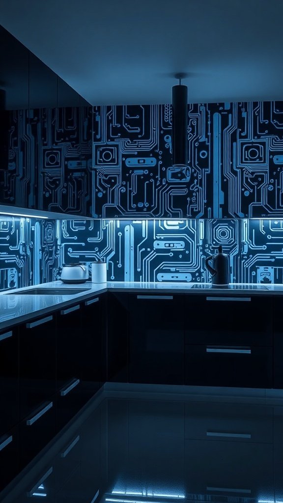 A modern kitchen with blue circuit board wallpaper and glowing accents.