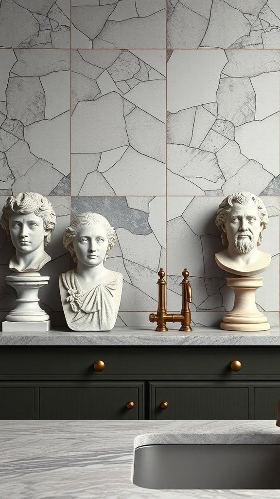 A kitchen featuring marble wallpaper and elegant busts on the countertop.