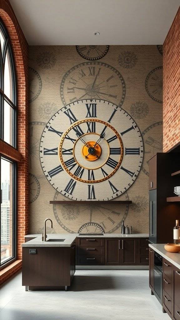 A stylish kitchen featuring a large clock mural on the wall, dark cabinetry, and brick accents.