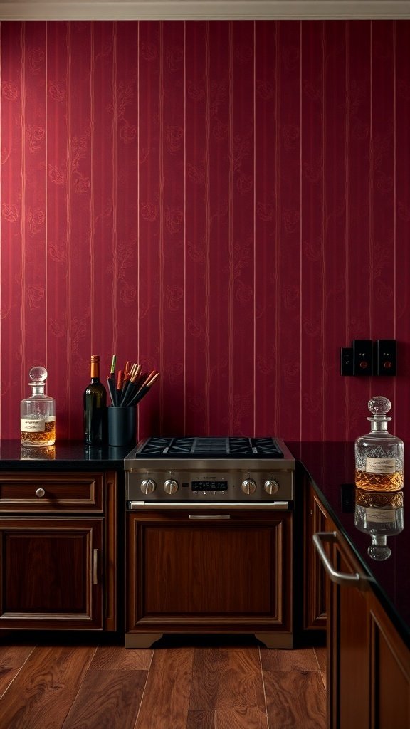 A stylish kitchen with dark wood cabinets, black countertops, and deep red wallpaper featuring a floral pattern.