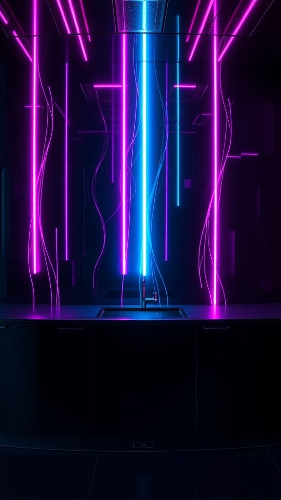 A modern kitchen with neon pink and blue lights creating a vibrant atmosphere.