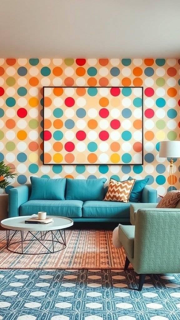 A vibrant living room featuring polka dot wallpaper, turquoise sofa, and colorful decor.