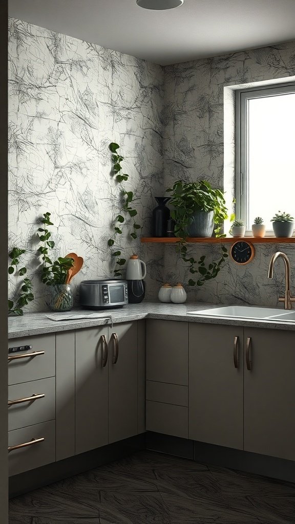 A modern kitchen with intricate wallpaper, plants, and sleek cabinetry.