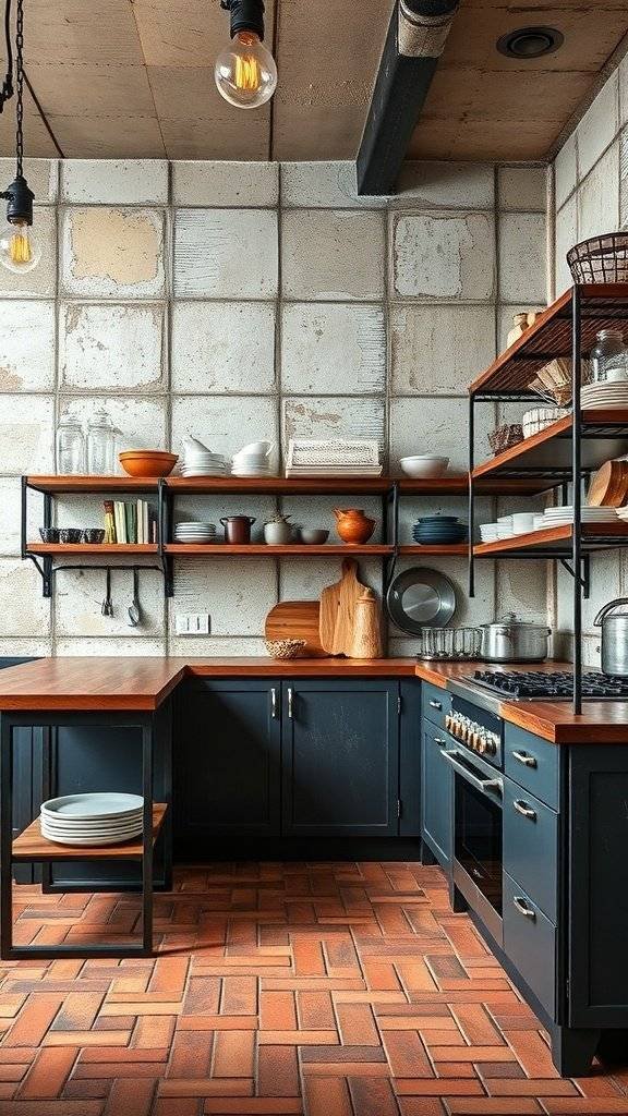 Industrial style kitchen with dark cabinetry, wooden accents, and open shelving.