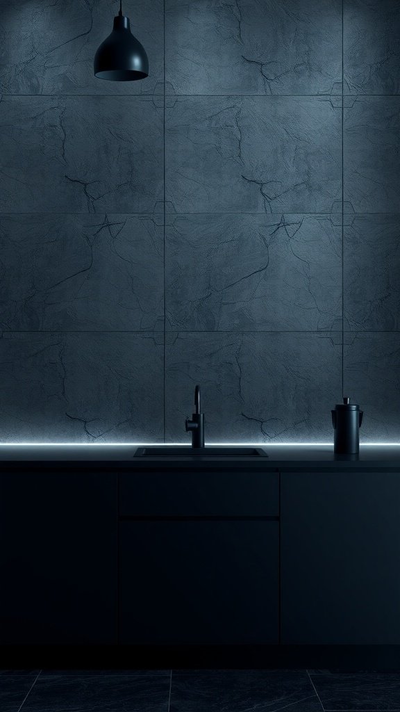 A modern kitchen with dark textured wallpaper, sleek black cabinetry, and subtle lighting.
