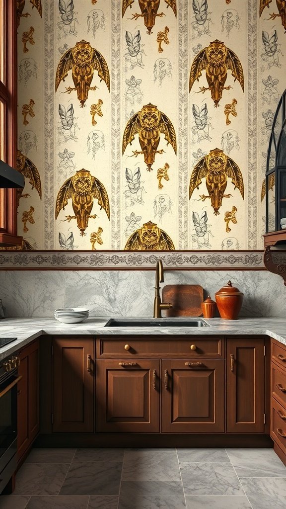 Kitchen with Gilded Gargoyle wallpaper featuring golden gargoyles and a stylish countertop.
