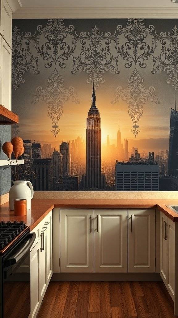 A view of Gotham City at dawn with skyscrapers and a warm sunrise.