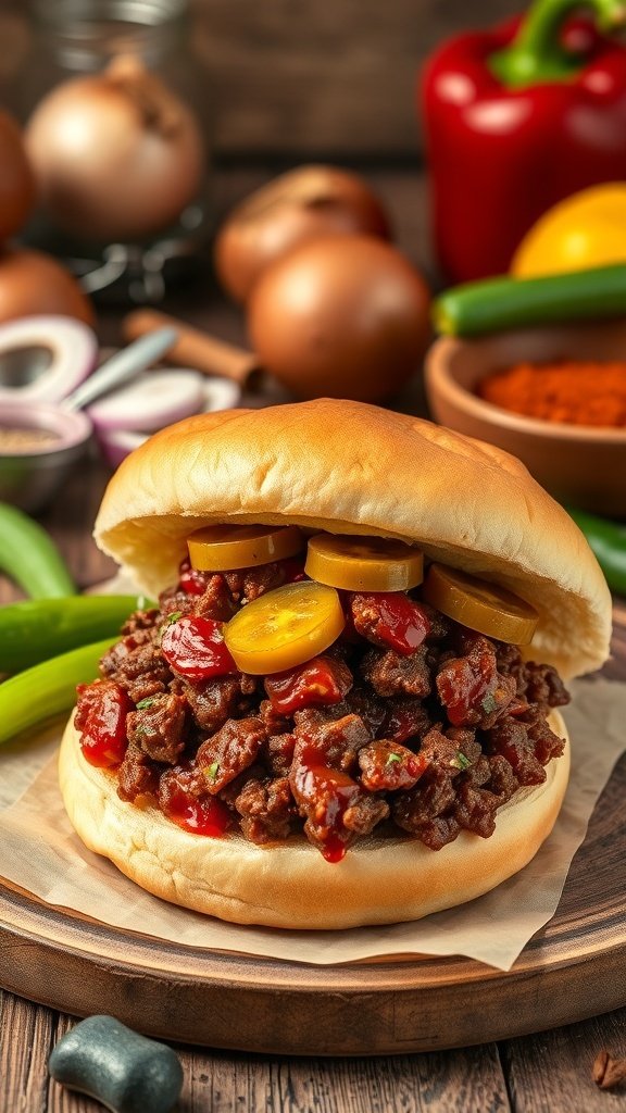 A delicious sloppy joe sandwich filled with seasoned ground beef, topped with pickles, served on a soft bun, surrounded by fresh vegetables.