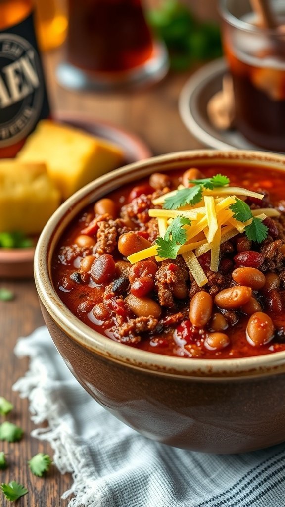 A bowl of hearty beef chili topped with cheese and cilantro, served with cornbread.