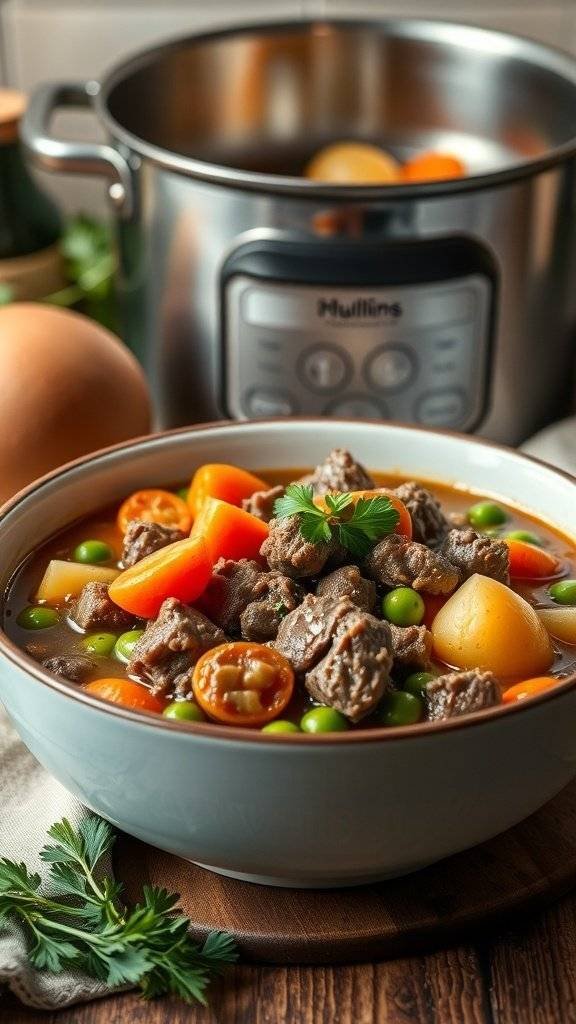 A bowl of hearty beef and vegetable stew with a slow cooker in the background.