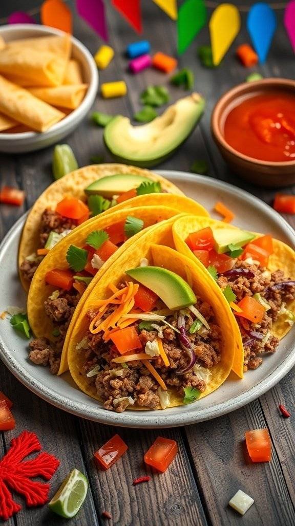 Colorful tacos filled with ground beef, lettuce, cheese, and avocado, served with salsa and festive decorations.