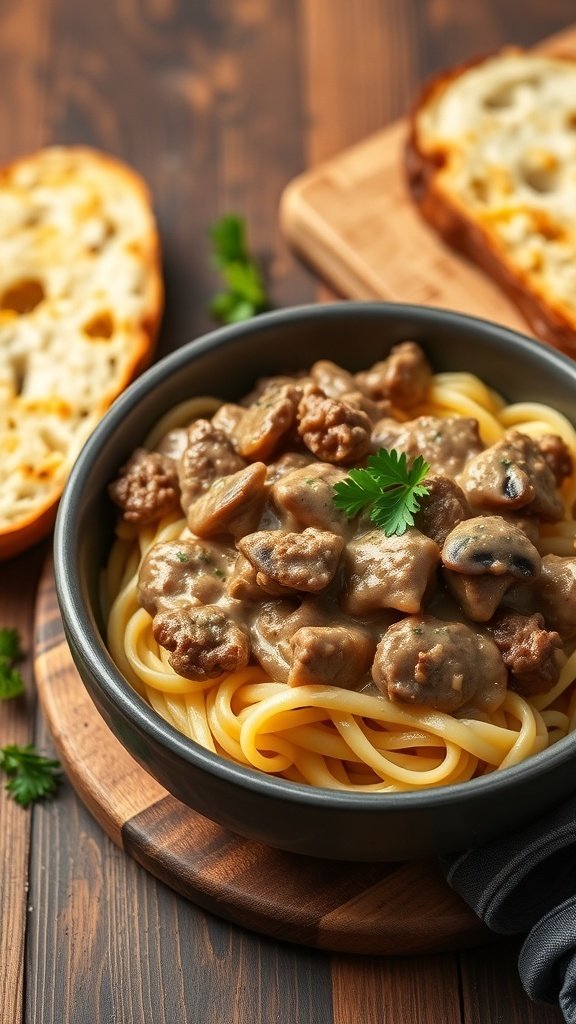 A bowl of creamy beef stroganoff with pasta, garnished with parsley and served with toasted bread.